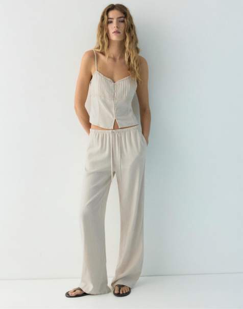 Pull&Bear – Set aus Leinenmix und Spitze in Sand - view 1