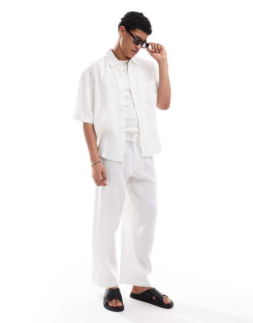 Pull&Bear – Set aus reinem Leinen in Weiß, aus Hemd und Hose
