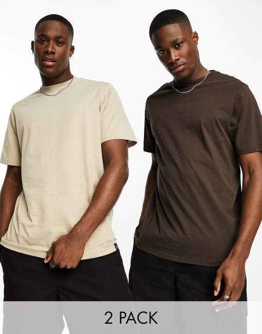Pull&Bear - Set van 2 basic T-shirts in beige en bruin 