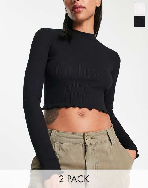 Pull&Bear - Set van 2 hoogsluitende crop tops met lange mouwen in zwart en wit