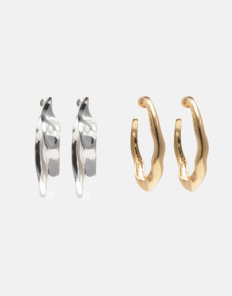 Pull&Bear - Set van 2 paar onregelmatige oorringen in goud - view 1