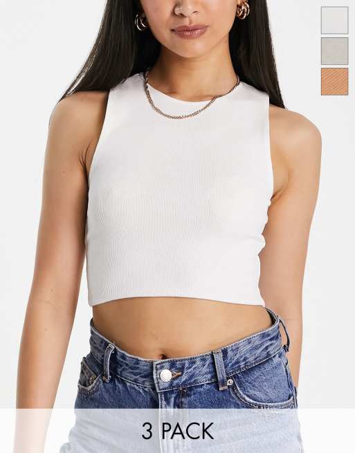 Pull&Bear - Set van 3 geribbelde cropped tops met racerhals in grijs, lichtbruin en wit