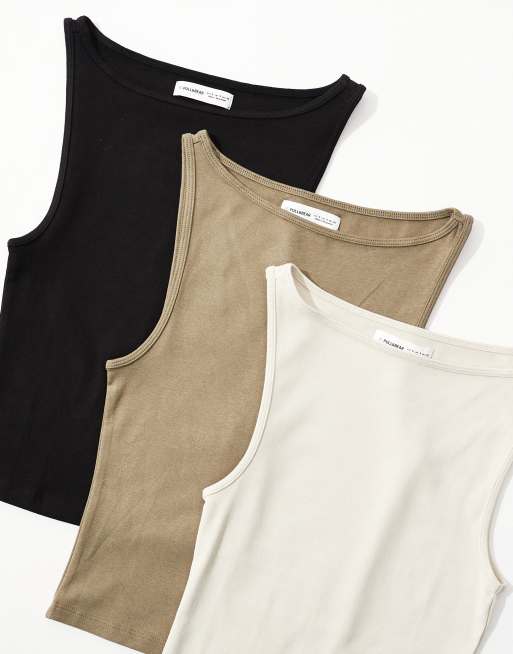 Pull&Bear - Set van 3 hemdjes met racerhals in zandkleur, taupe en zwart