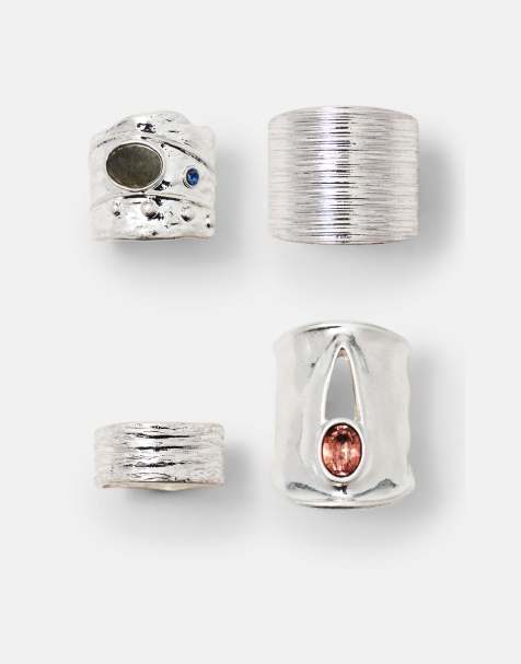 Pull&Bear - Set van 4 ringen met textuur in zilver - view 1