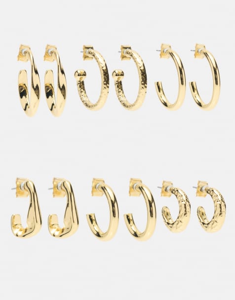 Pull&Bear - Set van 6 paar oorringen met textuur in goud - view 1