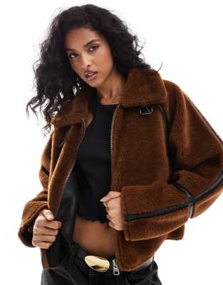 shearling jacket with faux leather seam detail in brown