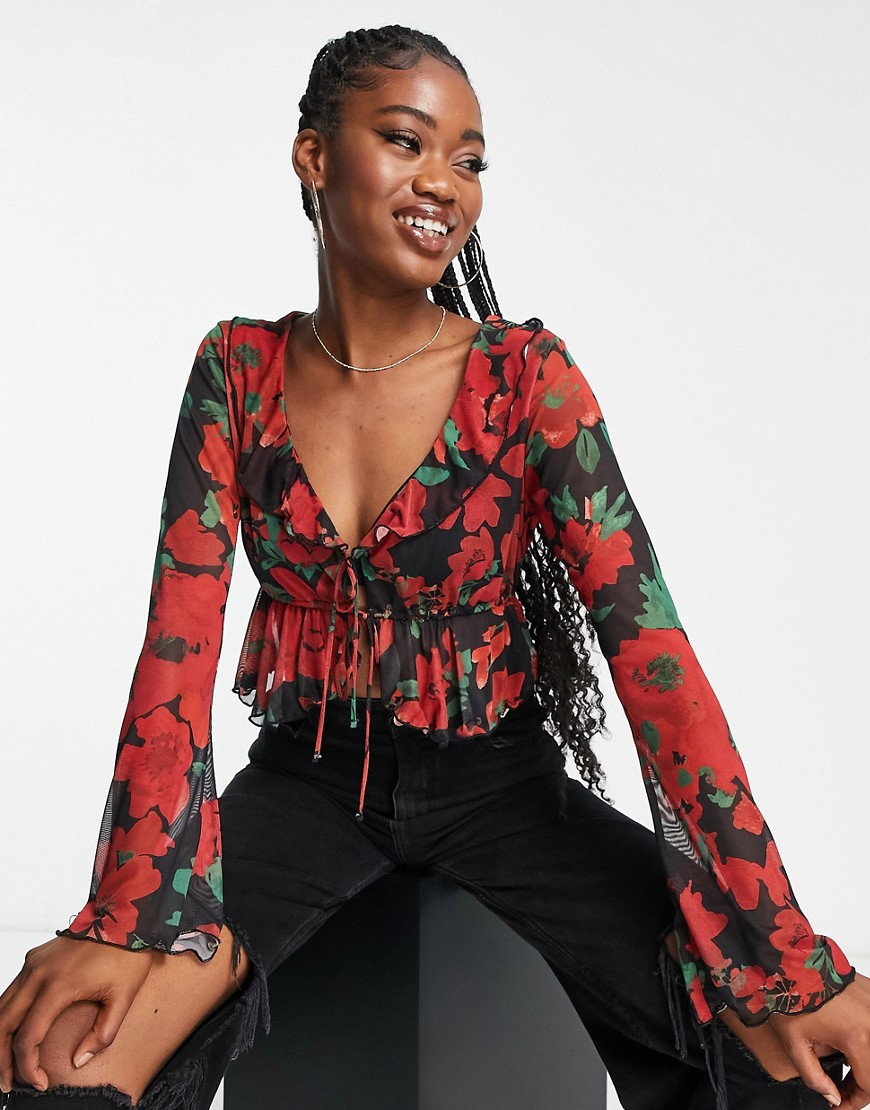 Pull & Bear sheer tie front top in red floral-Pink