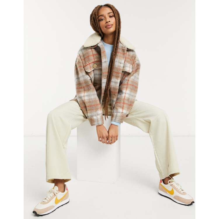 Pull Bear sherpa collar shacket in brown plaid