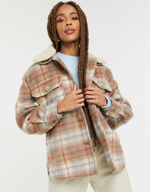 Pull Bear sherpa collar shacket in brown plaid