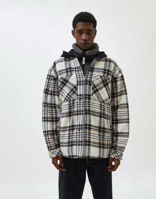 Pull&Bear sherpa jacket with jersey hood in blue check (21919422)