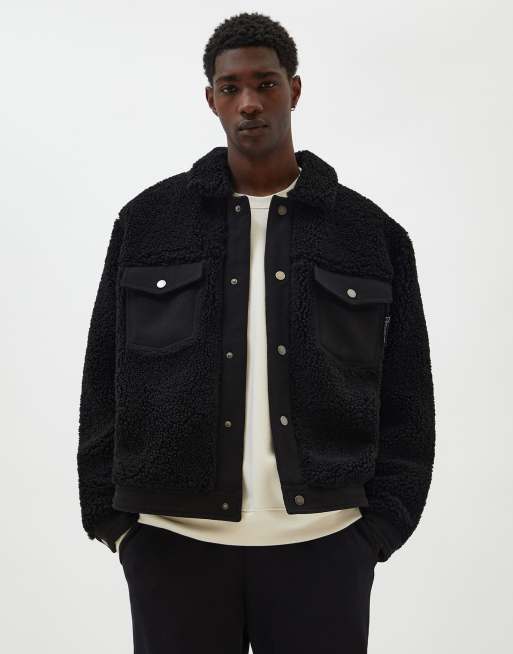 Pull&Bear sherpa trucker jacket in black | ASOS