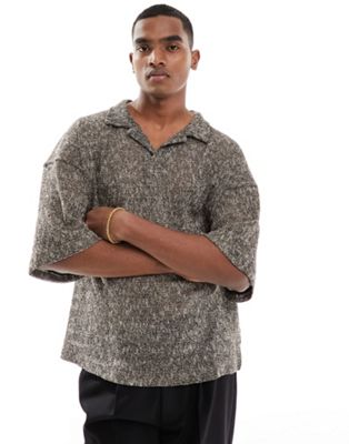 Pull & Bear Shimmer Crochet Polo Shirt In Charcoal-gray