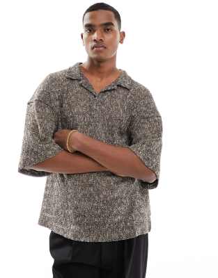 Pull&Bear shimmer crochet polo shirt in charcoal