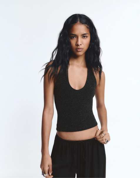 Pull&Bear Shimmery fabric halter top in black - view 1