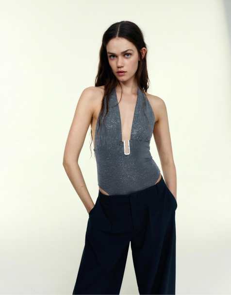 Pull&Bear Shimmery halter bodysuit in grey - view 1