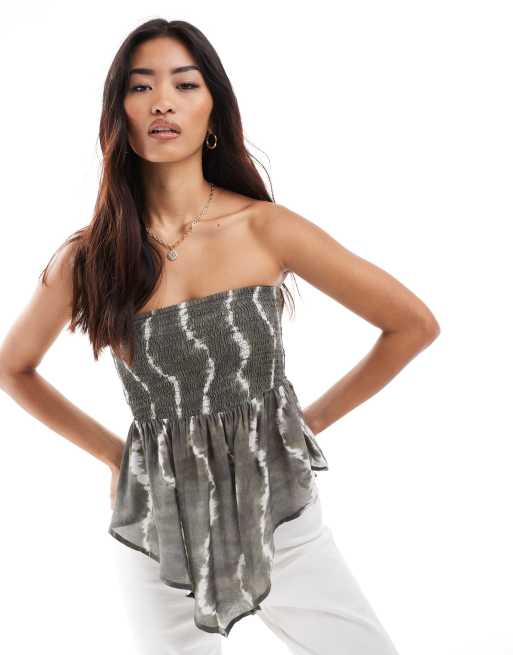 Pull&Bear shirred bandeau scarf hem top in olive tie dye - part of a set