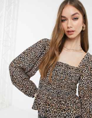 Pull&Bear shirred blouse in leopard print