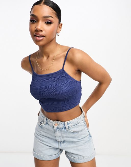 Pull&Bear shirred strappy crop top in navy blue