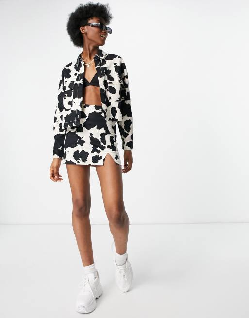 Pull Bear jacket and mini skirt with split co ord in cow print ASOS