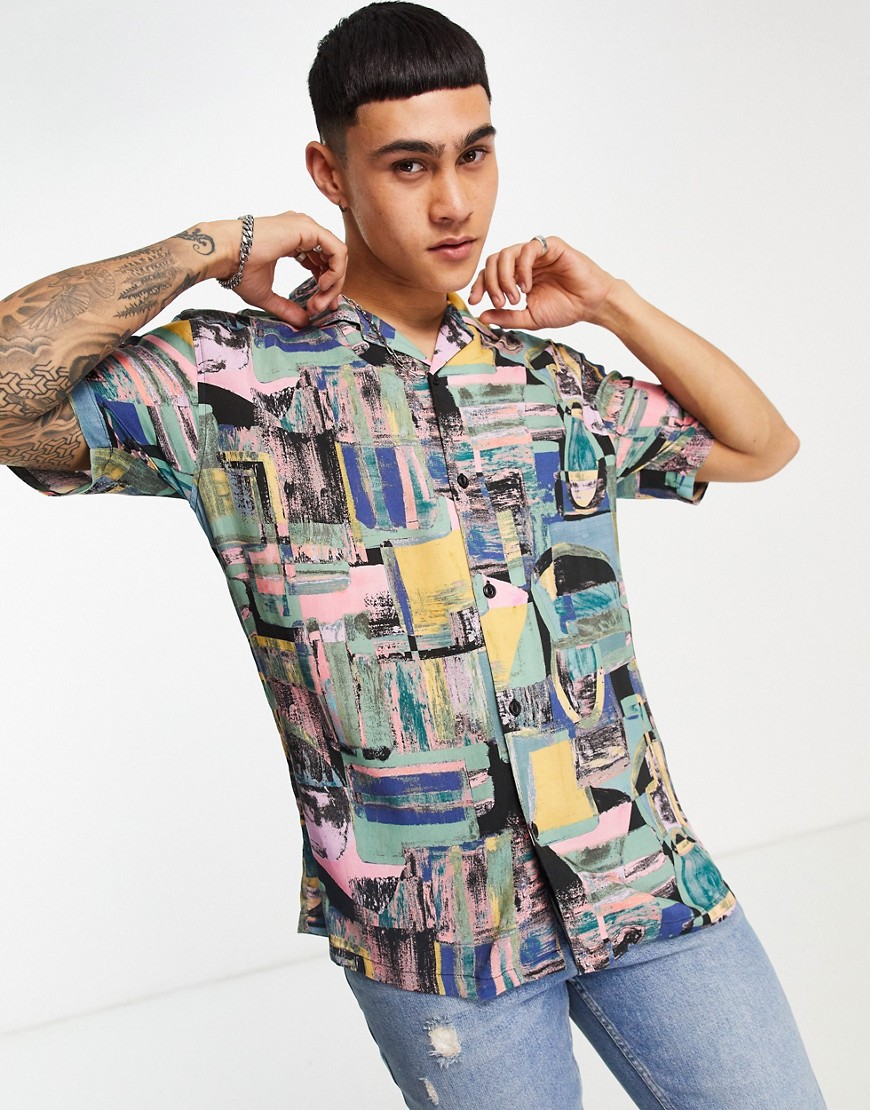 Pull & Bear shirt in multi print in pink and blue-Blues