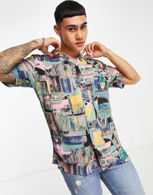 Pull&Bear shirt in multi print in pink and blue | ASOS