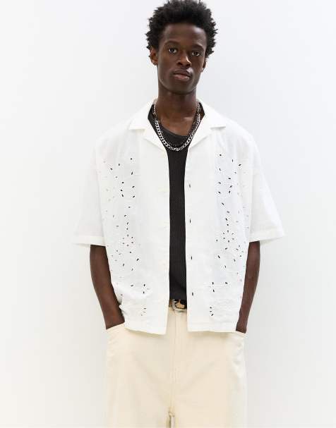 Pull&Bear shirt with embroidered flowers in off white