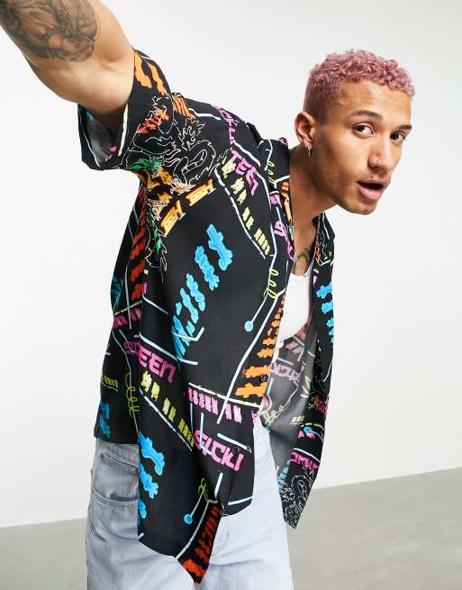 Pull&Bear shirt with multi aztec print in black - part of set