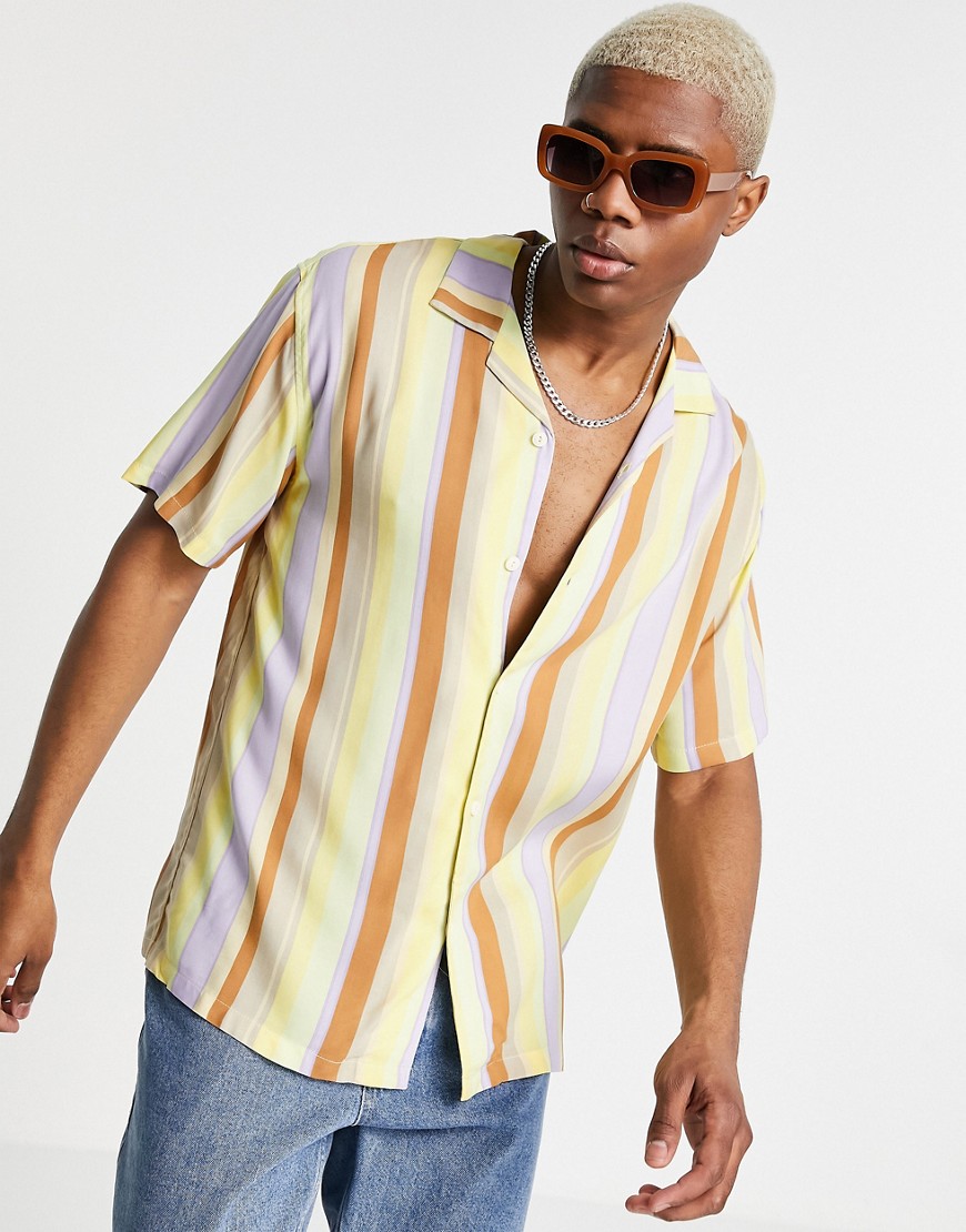 Pull & Bear shirt with revere collar in yellow & beige vertical stripes