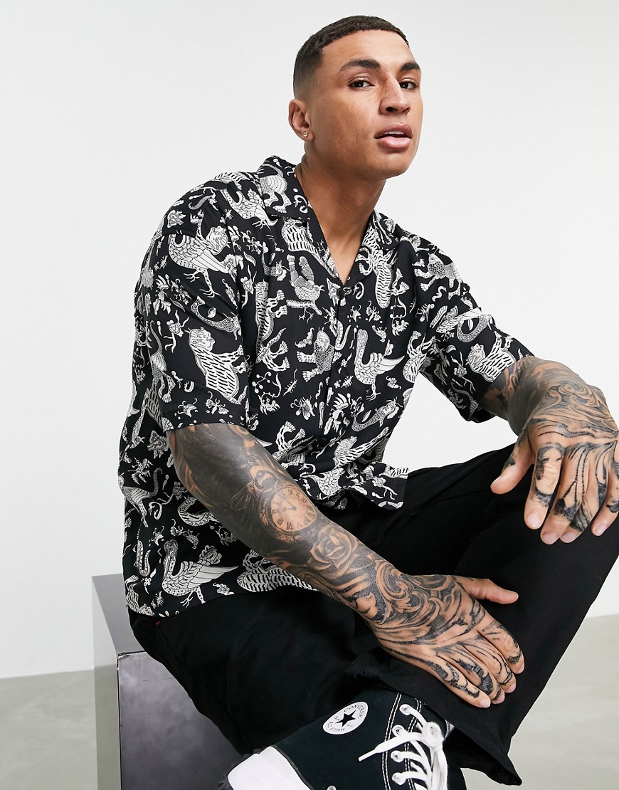 Pull & Bear shirt with tattoo print in black