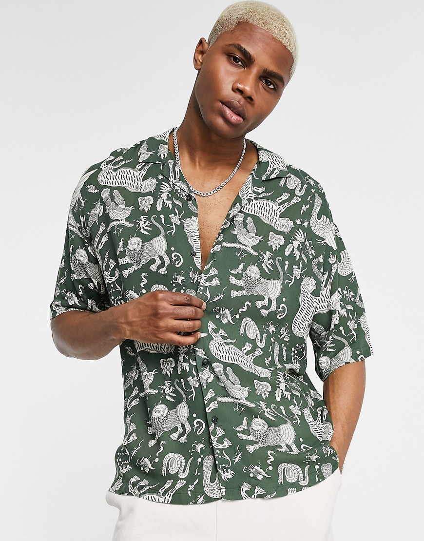 Pull & Bear shirt with tattoo print in green