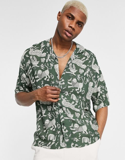 Pull&Bear shirt with tattoo print in green | ASOS