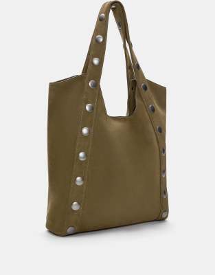 Pull & Bear - Shopper in Khaki mit Nietenbesatz-Bunt