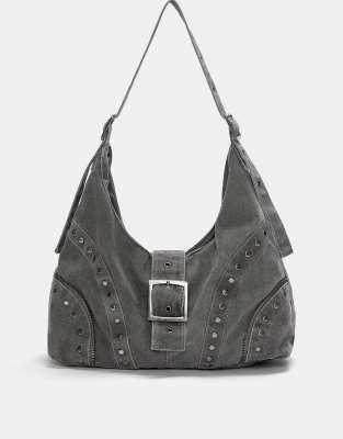 Pull & Bear - Shopper-Tasche aus Canvas in Grau mit Nietenbesatz