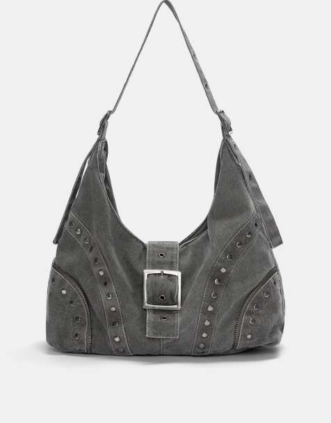 Pull&Bear – Shopper-Tasche aus Canvas in Grau mit Nietenbesatz - view 1