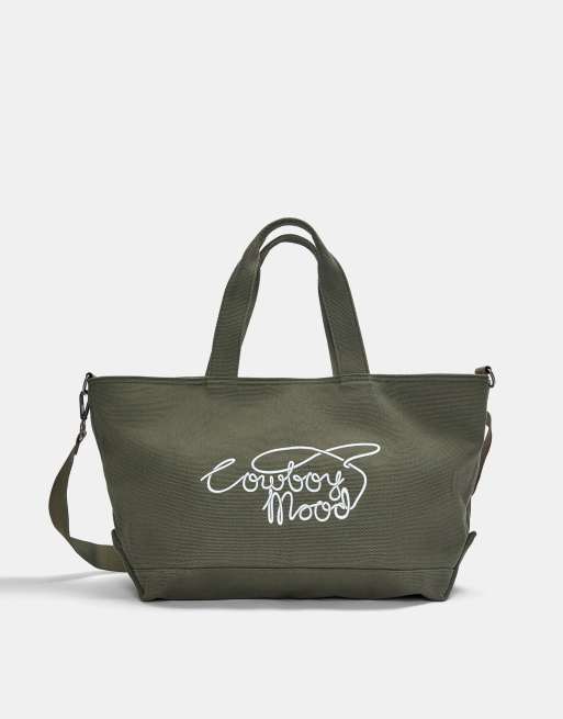 Pull&Bear – Shopper-Tasche aus Leinen in Khaki