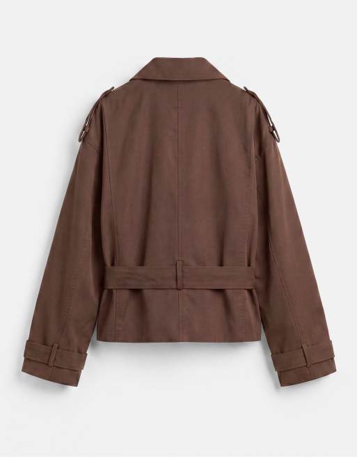 Pull&Bear Short belted trench coat in brown, 7 of 7
