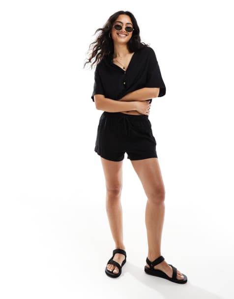 Pull&Bear - Short d'ensemble en lin avec cordon de serrage - Noir - view 1