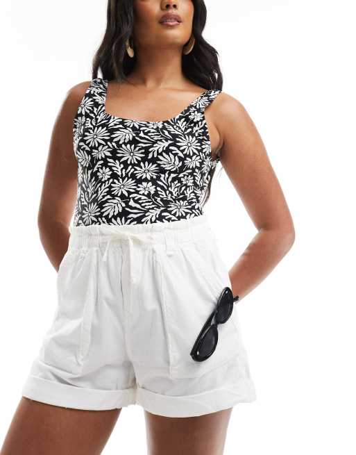 Pull&Bear - Short en coton à taille haute froncée - Écru