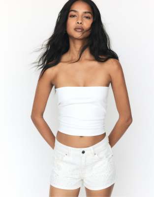 Pull&Bear - Short en jean à strass - Blanc - view 1
