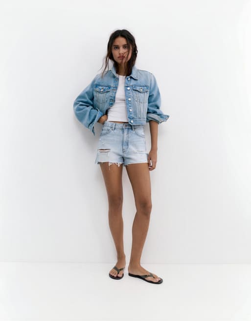 Pull&Bear - Short en jean avec ourlets effilochés - Bleu pâle, 4 de 4