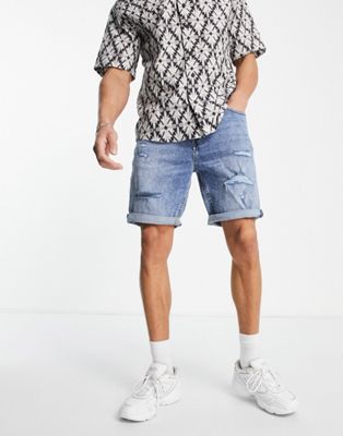 Pull&Bear slim denim shorts with rips in blue - ASOS Price Checker