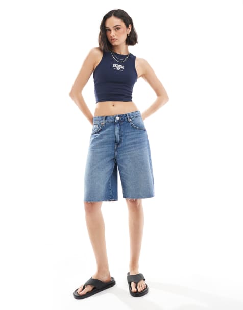 Pull&Bear - Short en jean long à ourlets effilochés - Bleu foncé - view 1