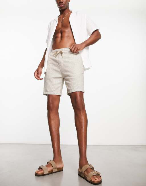 Pull&Bear - Short en lin à rayures - Marron et écru