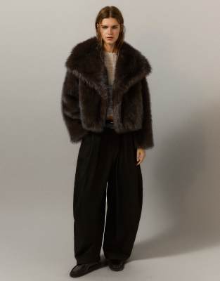 Pull & Bear Short Faux Fur Coat In Brown