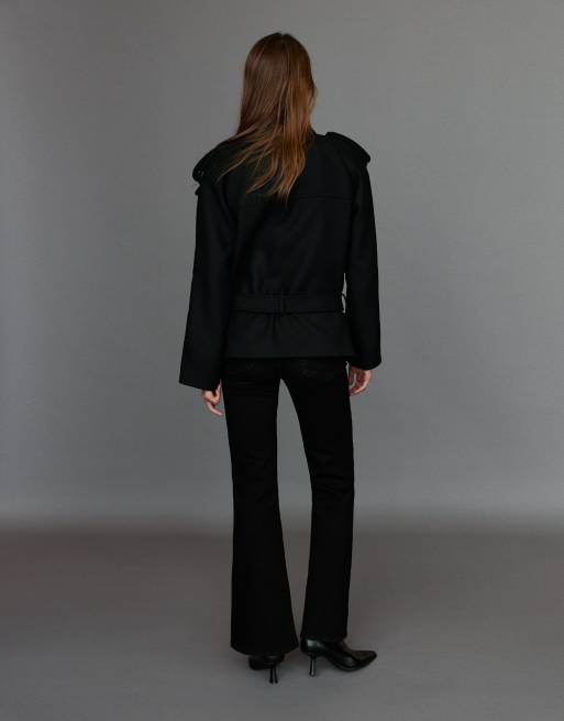 Pull&Bear Short felt belted trench coat in black with wool, 2 of 7