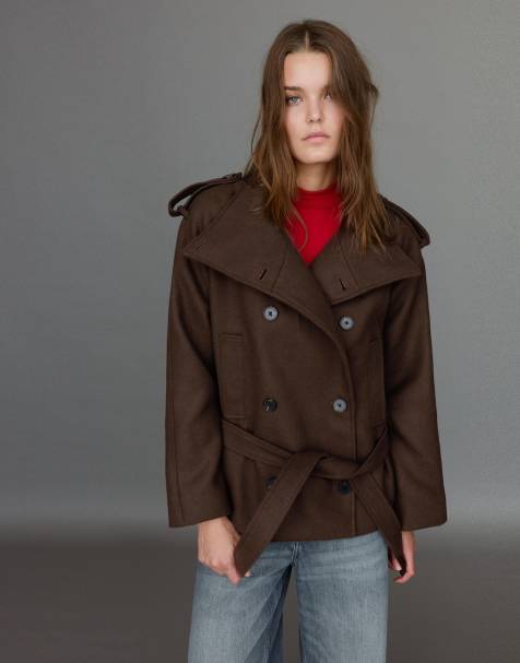 Pull&Bear Short felt belted trench coat in chocolate with wool - view 1