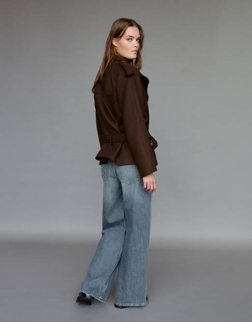 Pull&Bear Short felt belted trench coat in chocolate with wool, 2 of 7