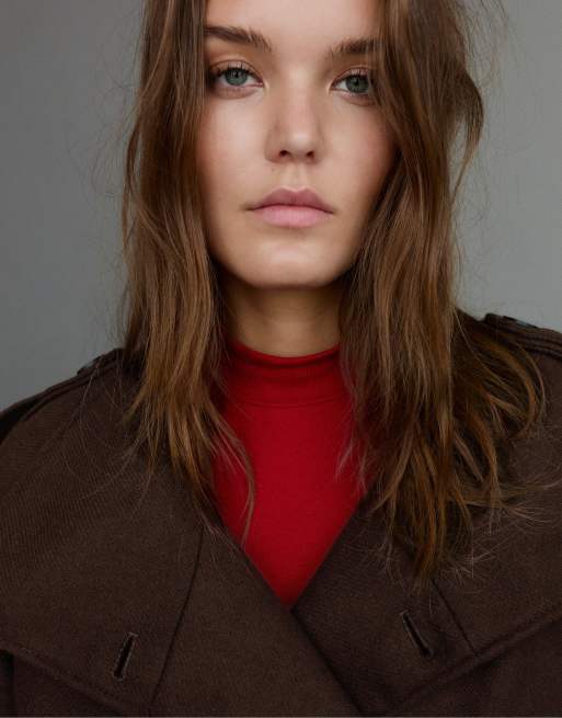 Pull&Bear Short felt belted trench coat in chocolate with wool, 3 of 7