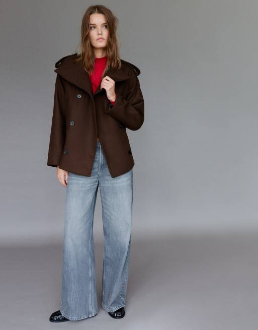 Pull&Bear Short felt belted trench coat in chocolate with wool, 4 of 7