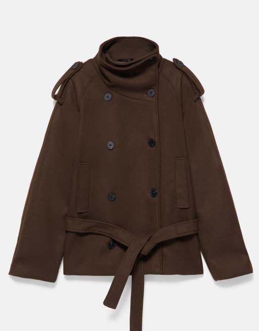 Pull&Bear Short felt belted trench coat in chocolate with wool, 5 of 7